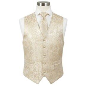 CooFandy Rose Pattern Cream Gold Button Up Vest w/ Tie Size M